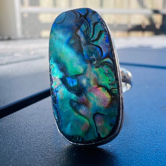 Abalone Shell Sterling Silver Plated Ring – Size 13 Statement Jewelry - Picture 2 of 11